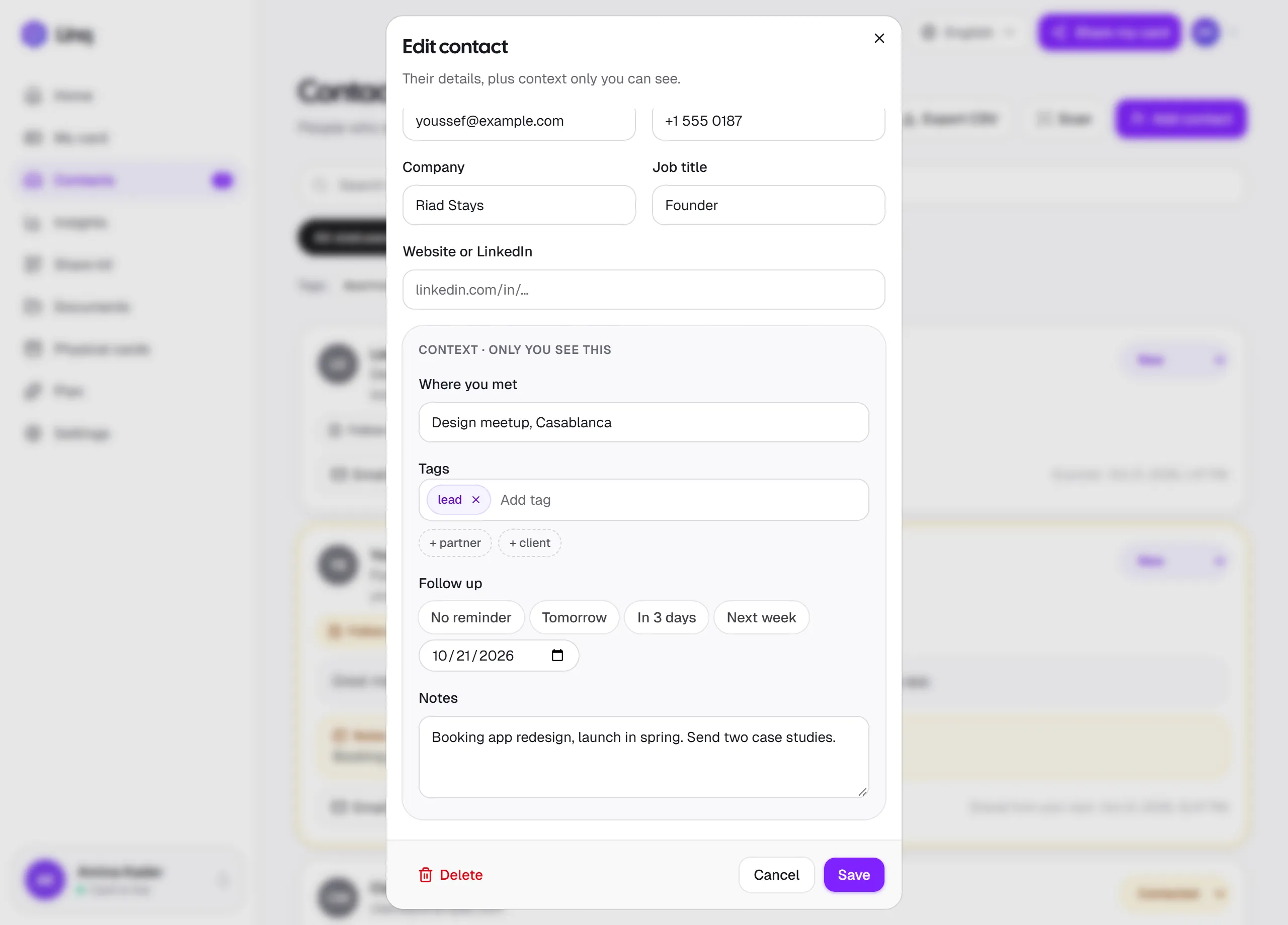 Editing a contact: company and job title, then a Context section with where you met, tags, follow-up options and notes