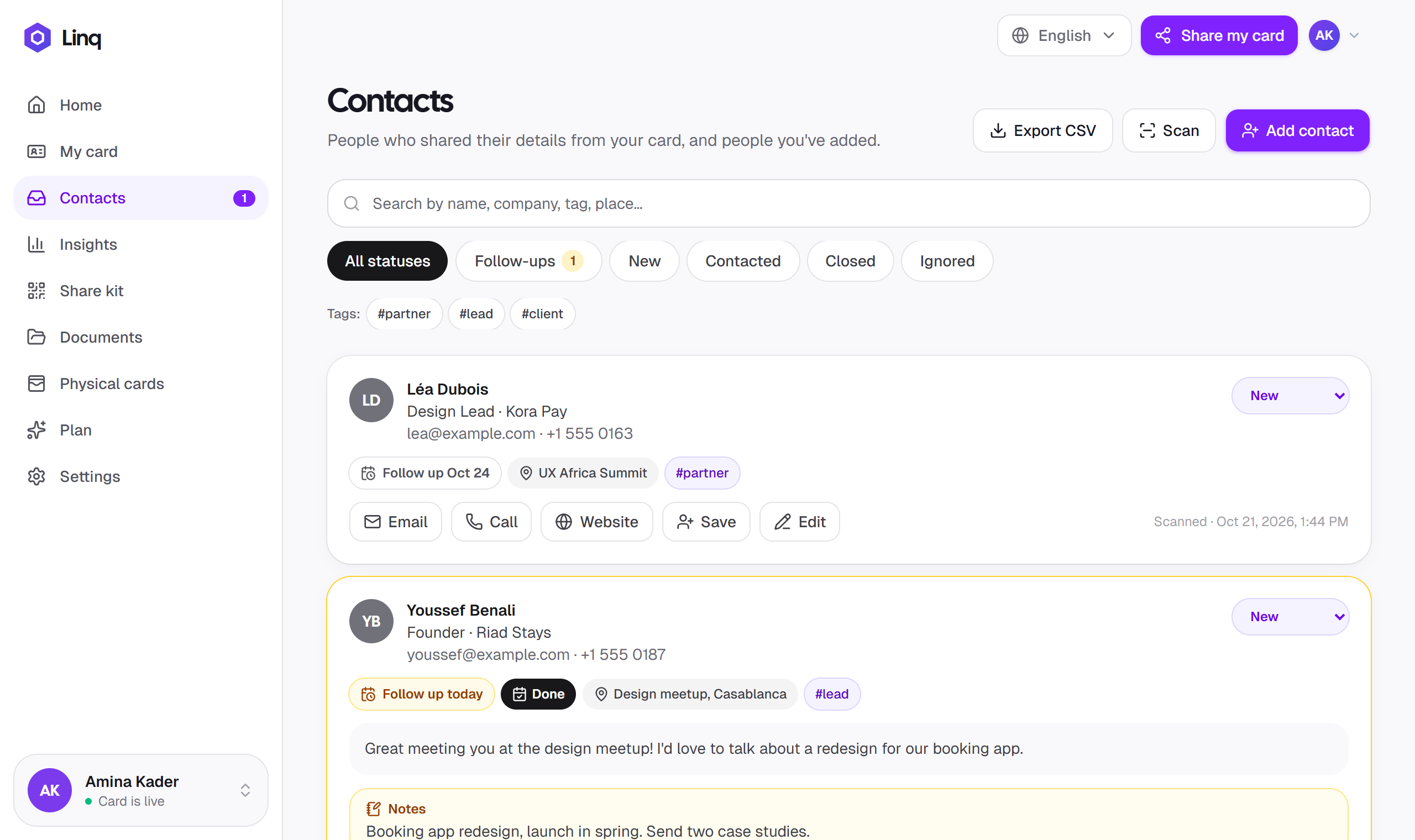 The Contacts page in Linq with Scan and Add contact buttons, search, filters and tags, and contacts showing their company, follow-up date, where they were met and their tags