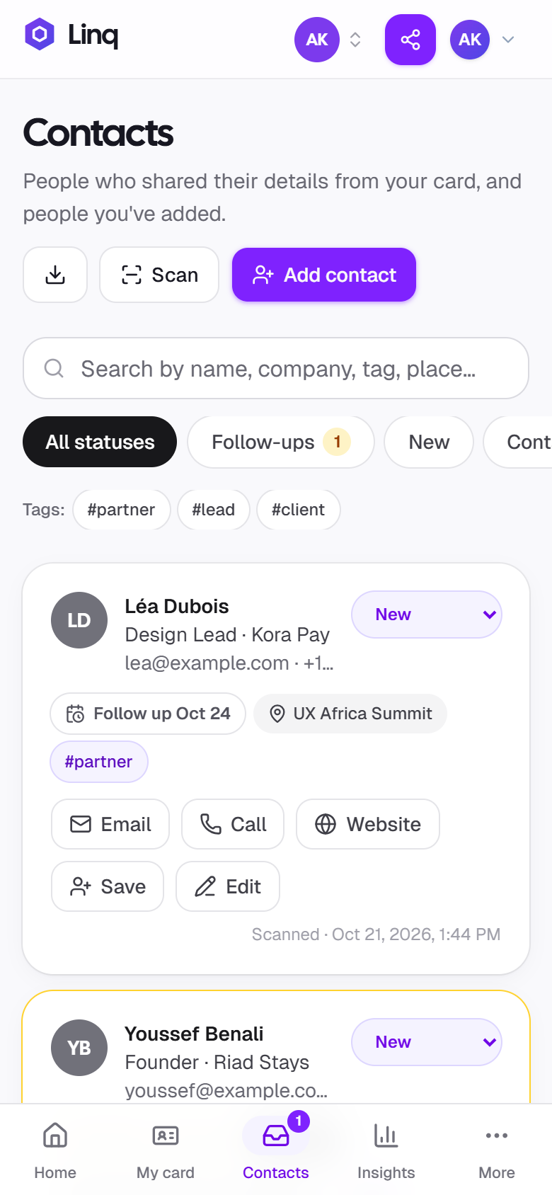 Linq Contacts on a phone with Scan and Add contact buttons, filters and a contact with a follow-up date