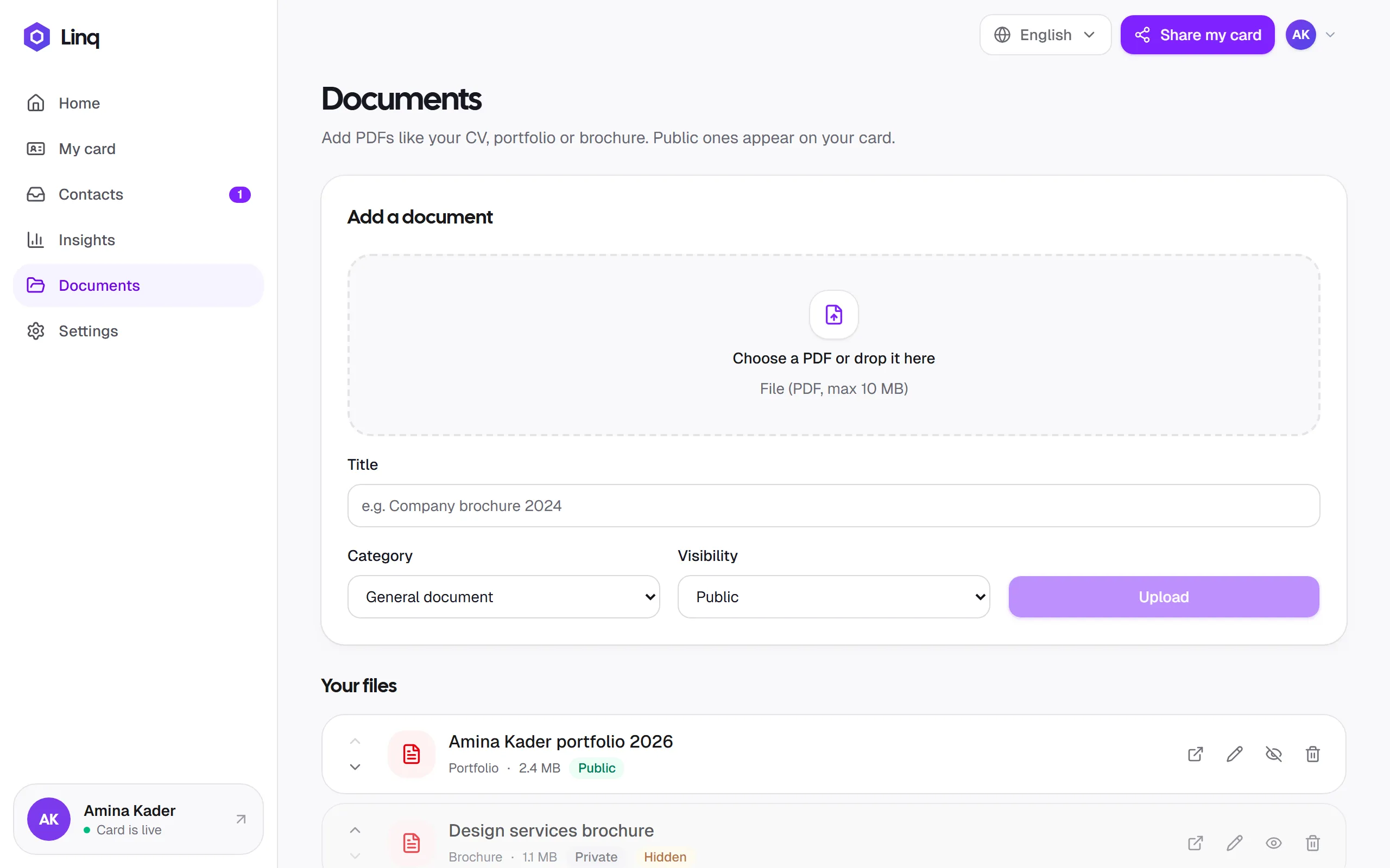 The Documents page with an upload area, title, category and visibility fields, and a list of uploaded files
