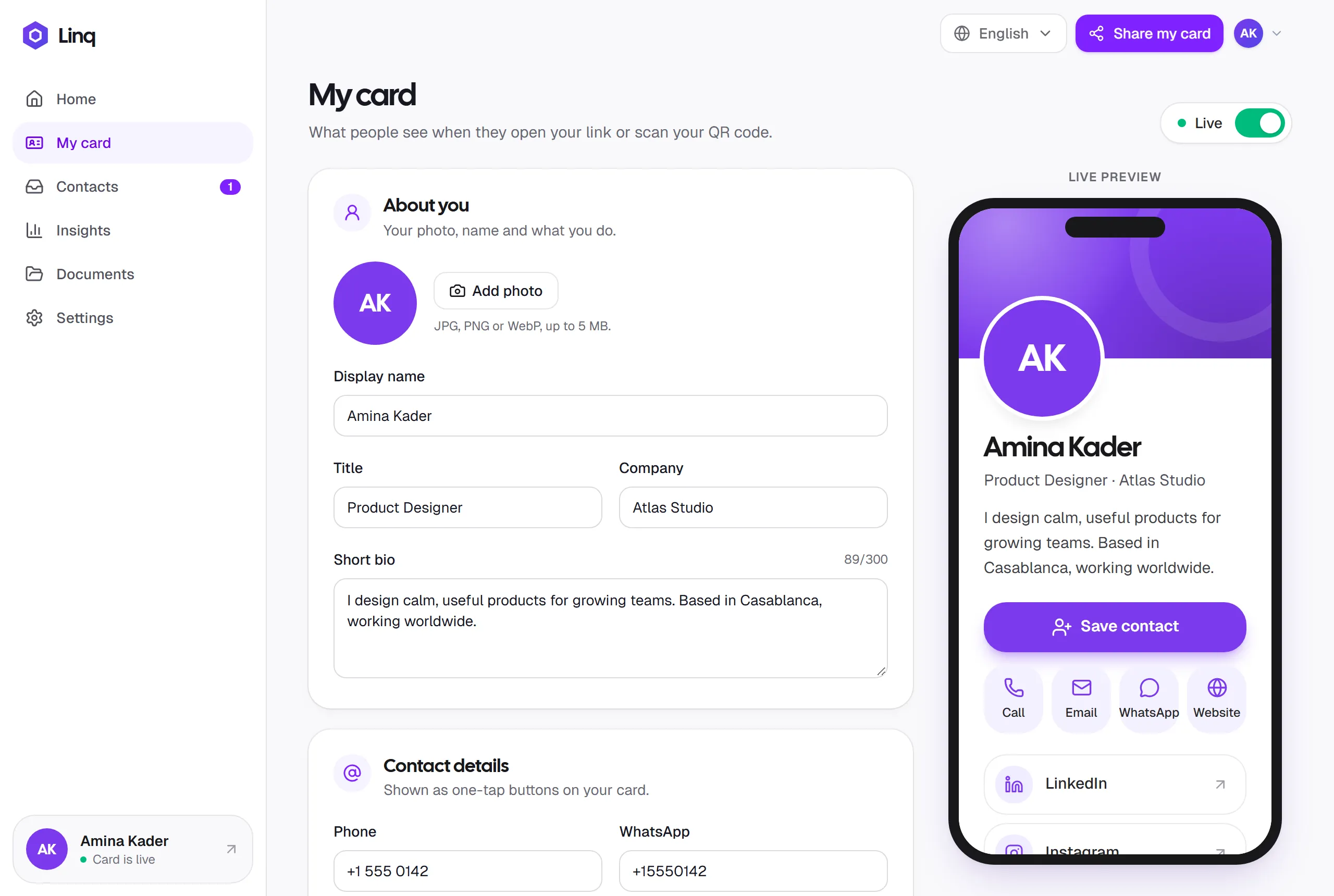 The My card editor with the About you section on the left and a live phone preview of the card on the right