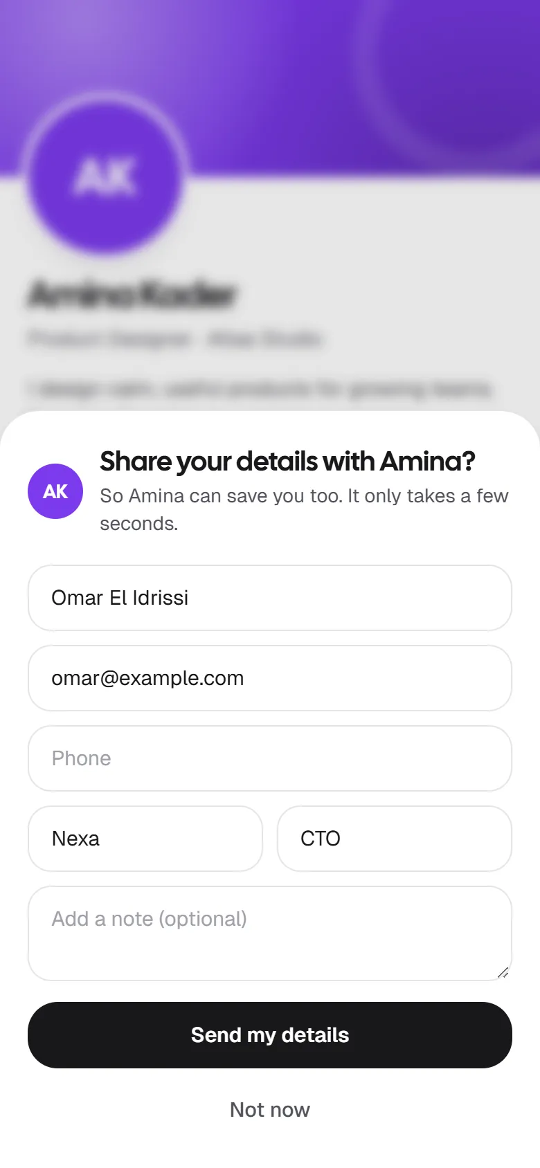 After saving Amina's contact, a panel asks the visitor to share their details back, with name, email, phone, company and job title filled in