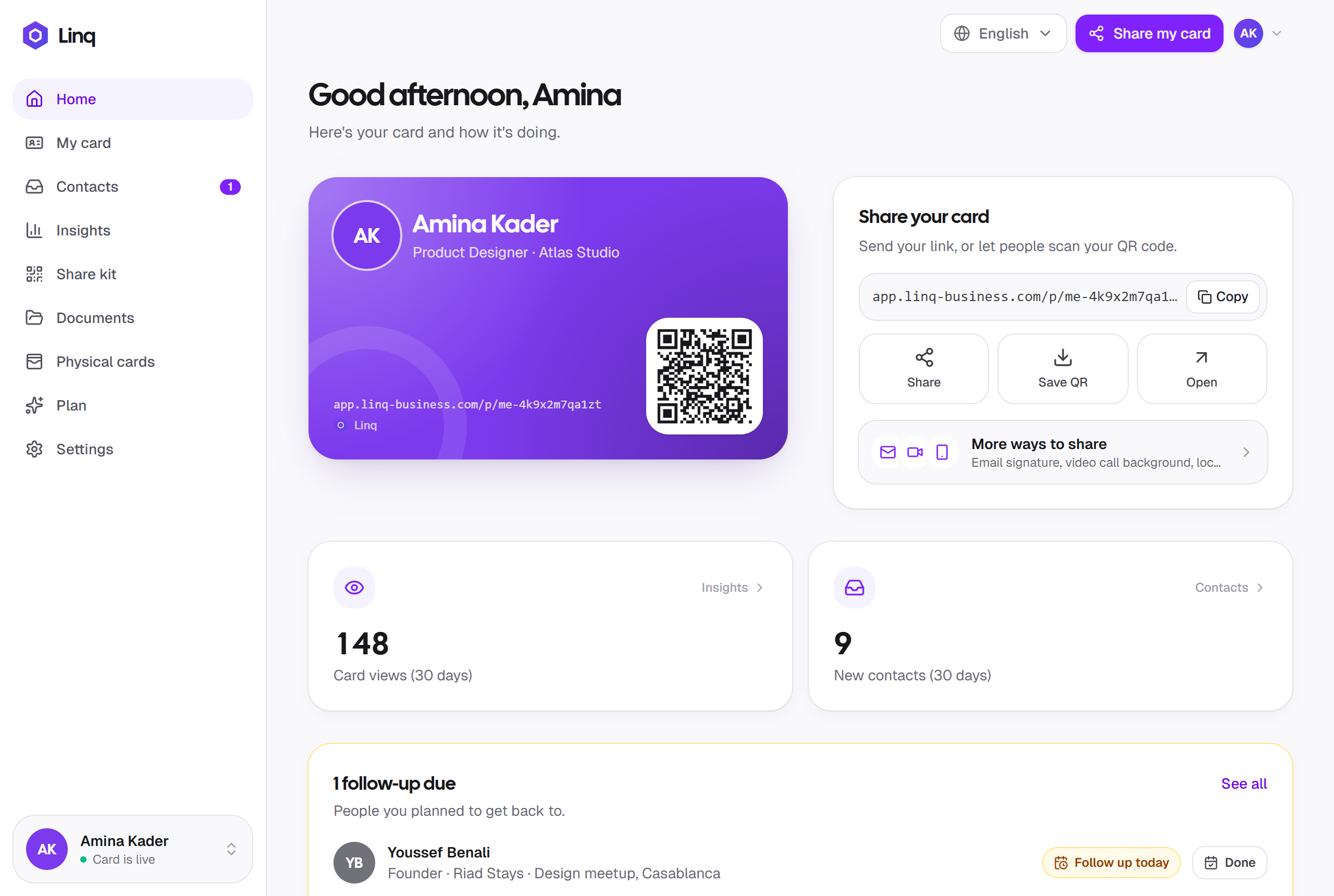 The Linq home screen with a violet digital business card, its QR code, share, save QR and open buttons, and a link to more ways to share
