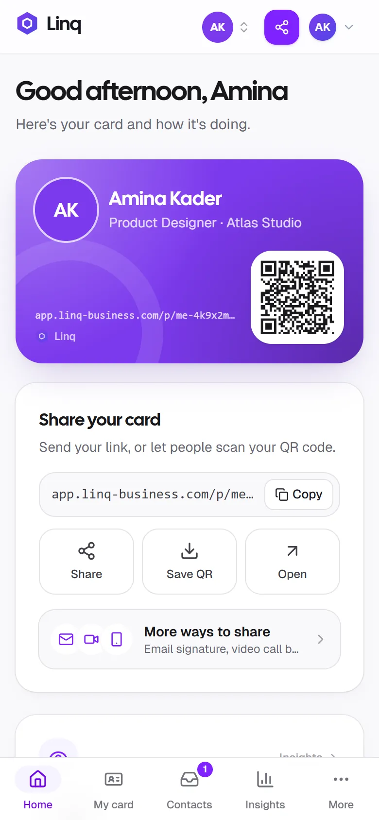 The Linq home screen on a phone, showing the card with its QR code and the Copy, Share and Save QR buttons