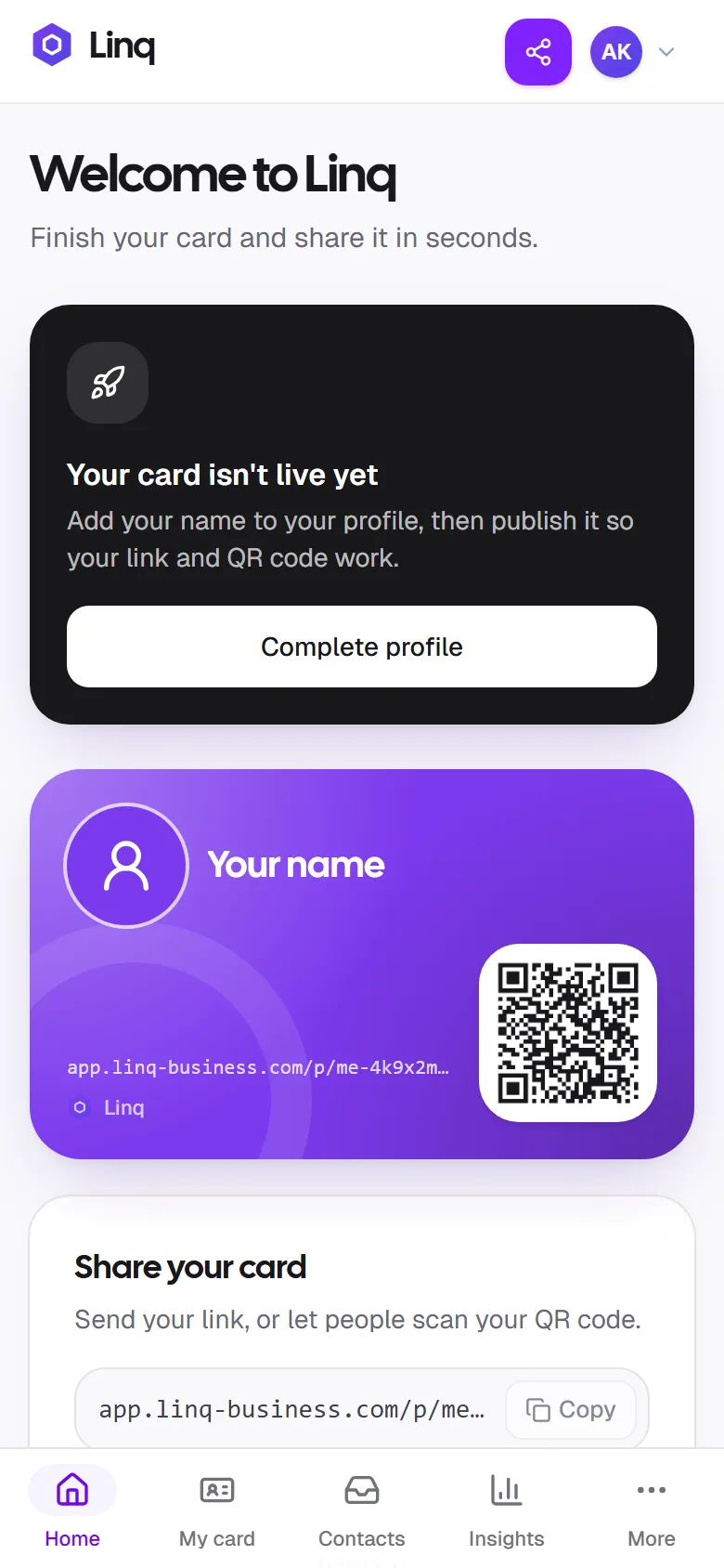 The Linq home screen for a new user, with a banner saying the card isn't live yet and a preview of the card