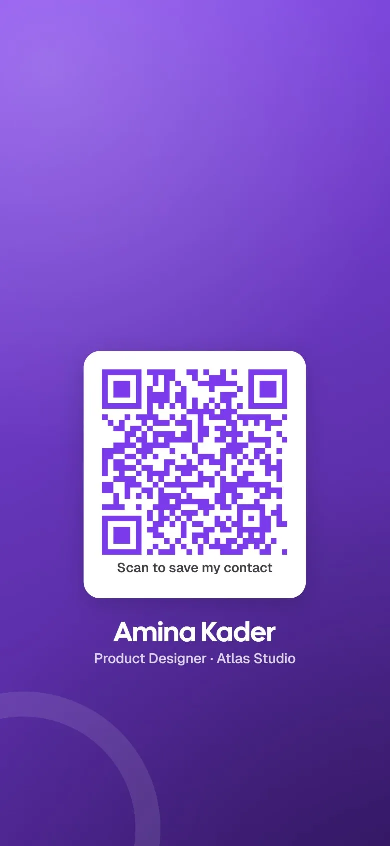 A phone lock screen wallpaper in the card color with a large QR code, "Scan to save my contact", and Amina Kader's name and role underneath