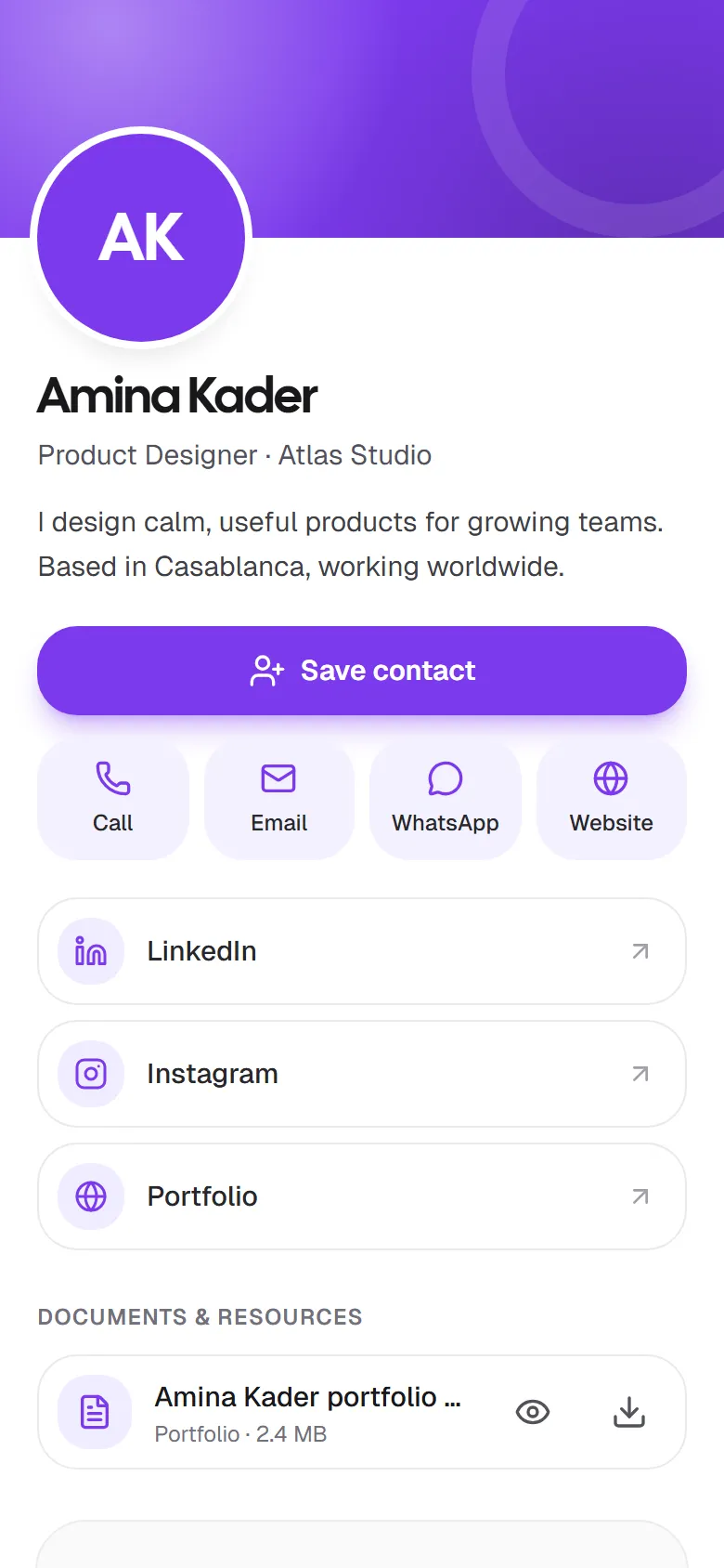 A live Linq card on a phone with a photo area, name, role, bio, Save contact button, call, email, WhatsApp and website buttons, and social links