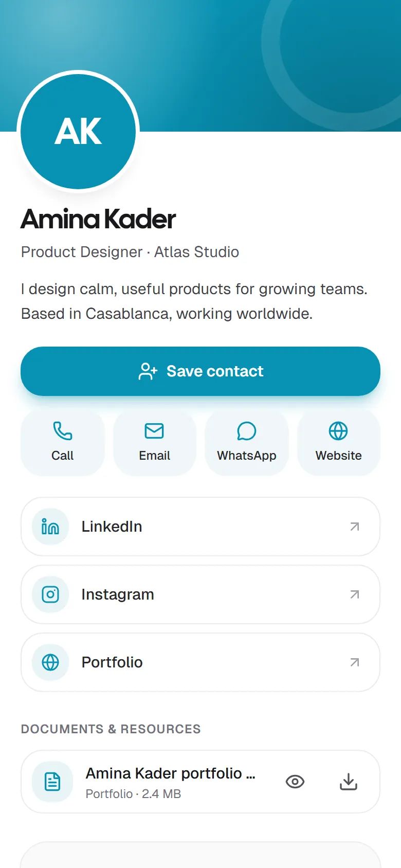 The same card in a teal color theme