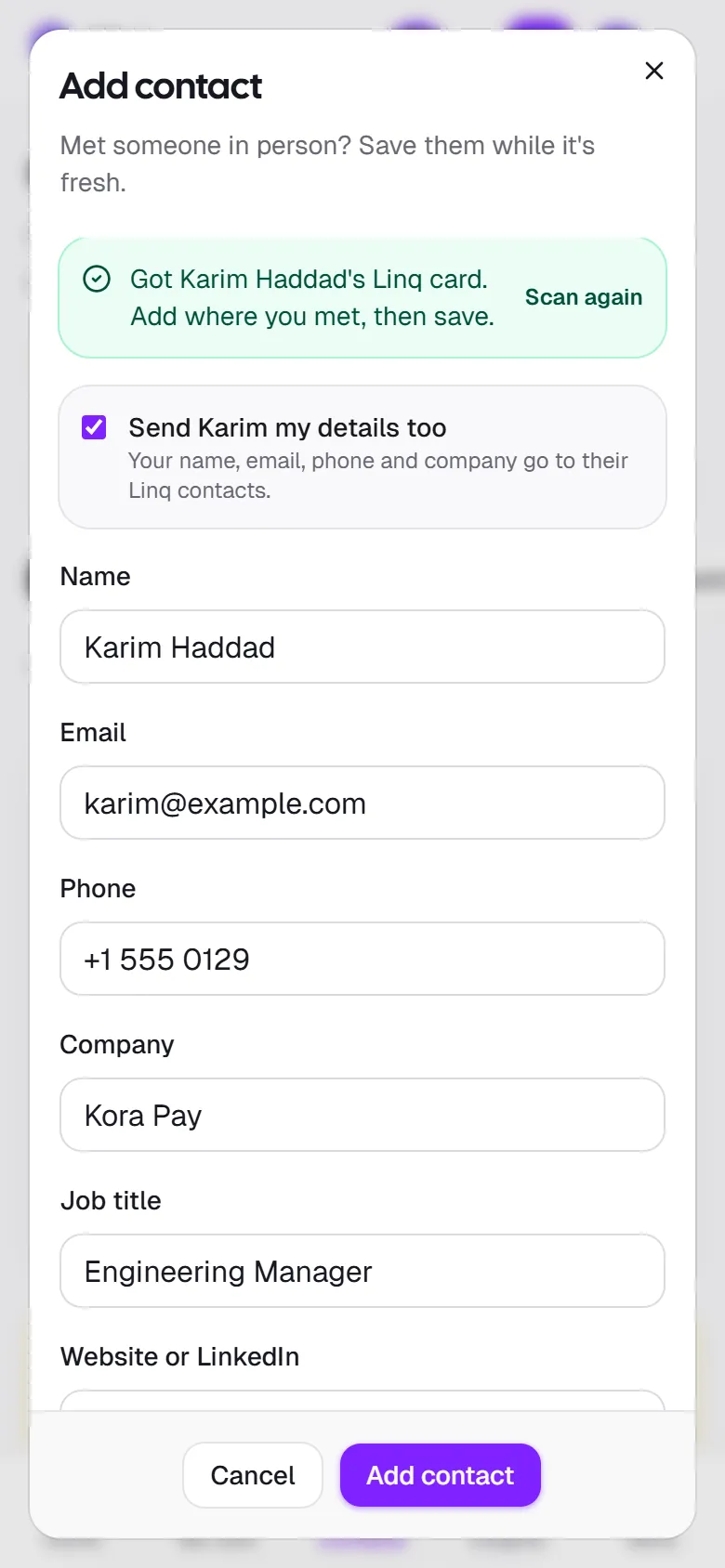 Adding a contact on a phone after scanning a Linq card, with their details filled in and an option to send them yours too