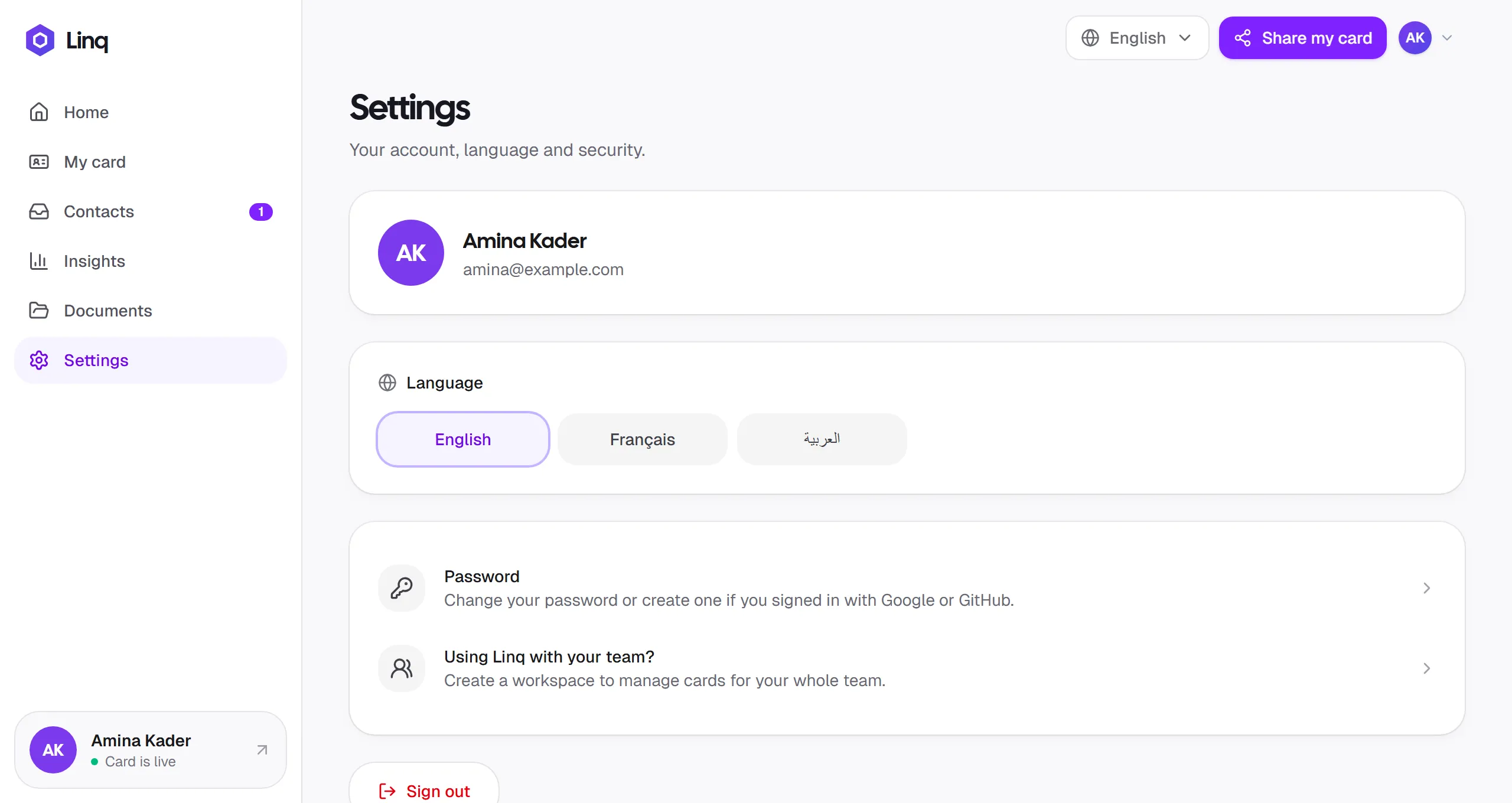 The Settings page with account details, language buttons, password and teams options, and Sign out