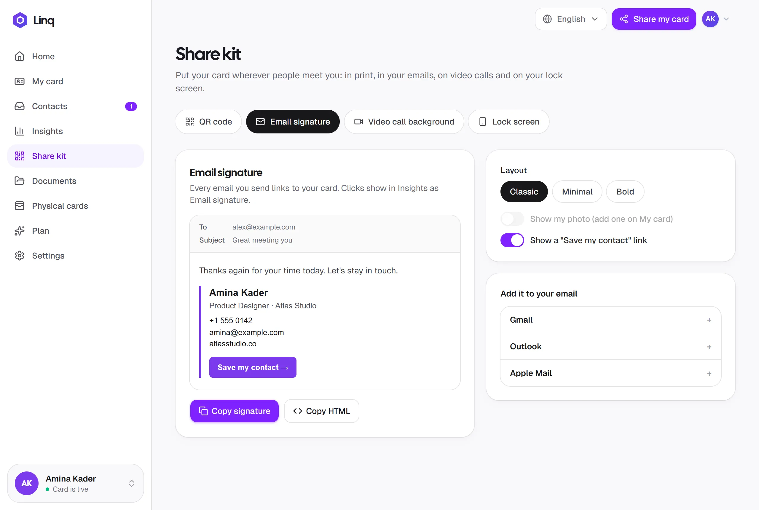 The Share kit's Email signature tab: an email preview with Amina Kader's signature, its layout options, and instructions for Gmail, Outlook and Apple Mail