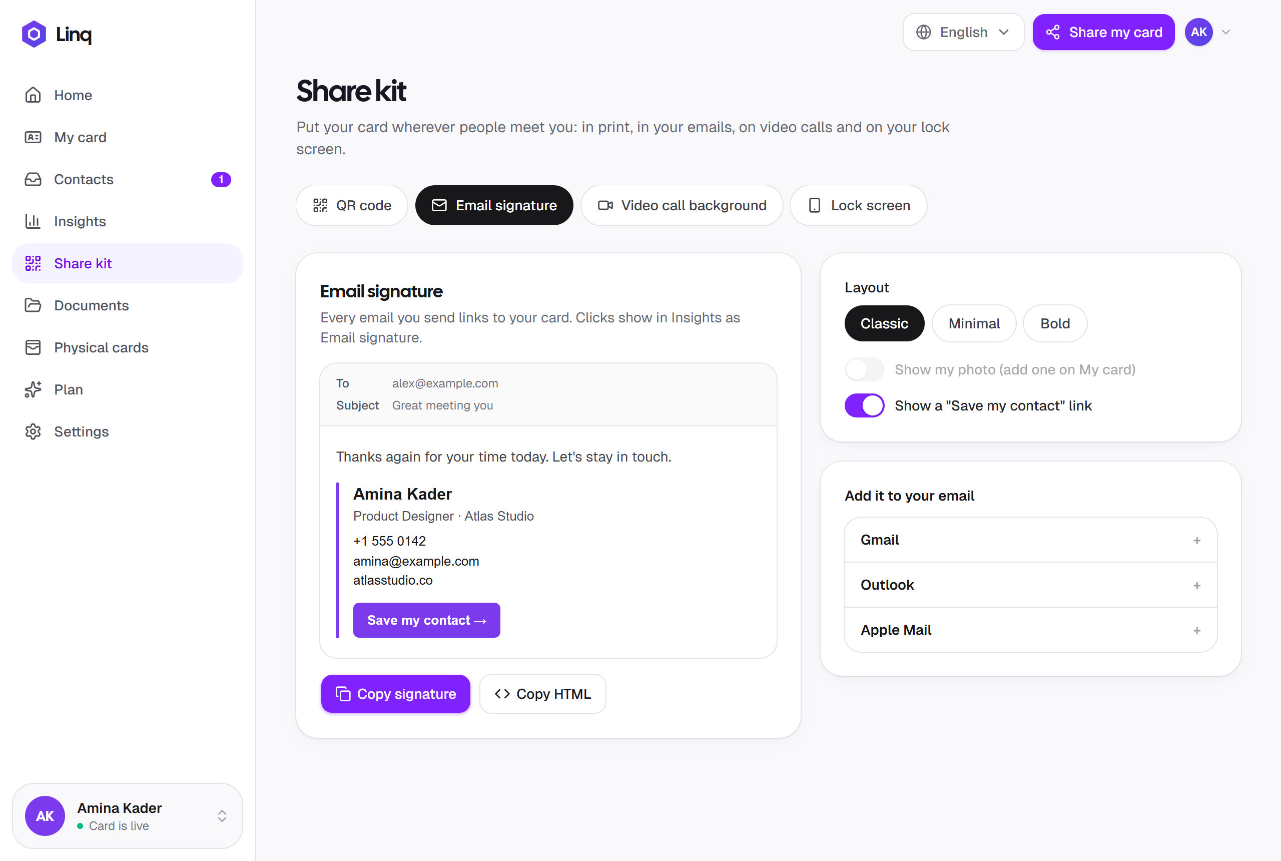 The Share kit in Linq: an email preview with Amina Kader's signature and a Save my contact button, layout options, and instructions for Gmail, Outlook and Apple Mail