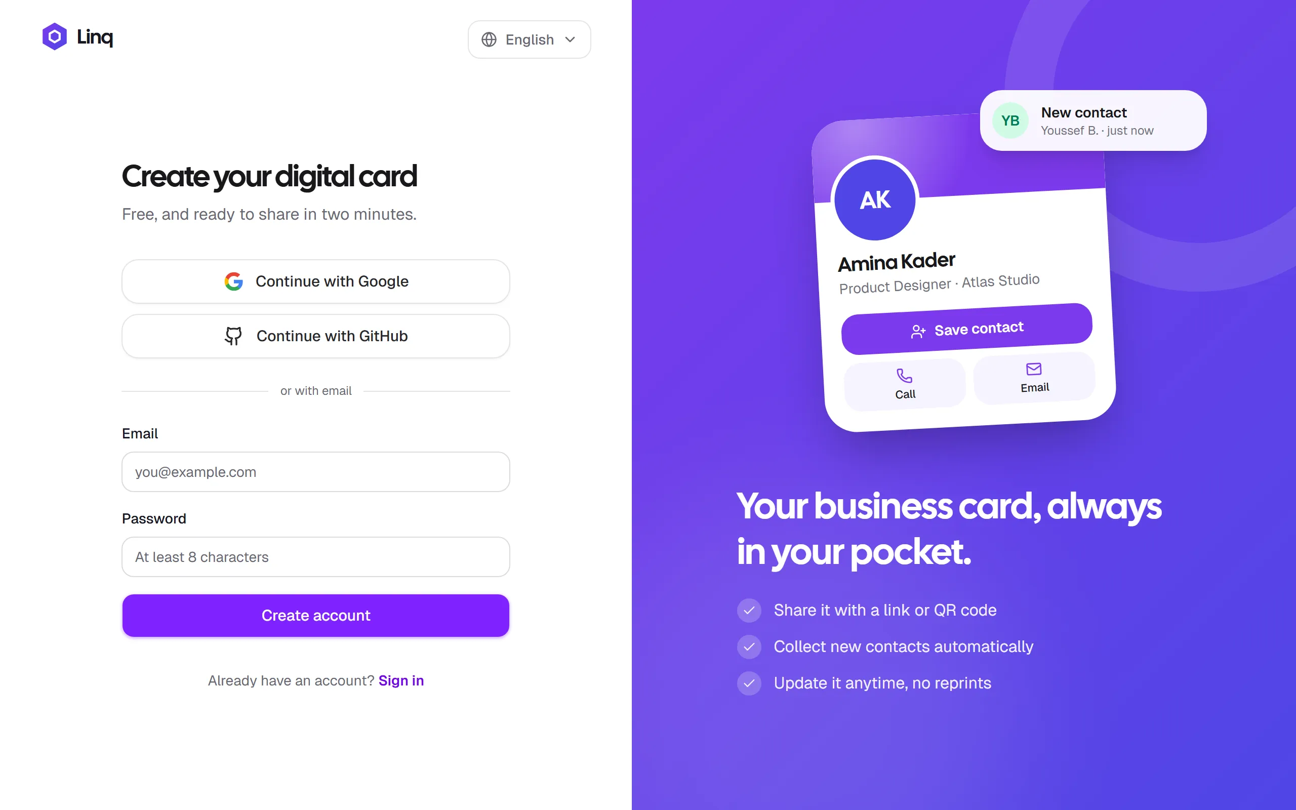The Linq sign-up page with Continue with Google, Continue with GitHub and email sign-up options