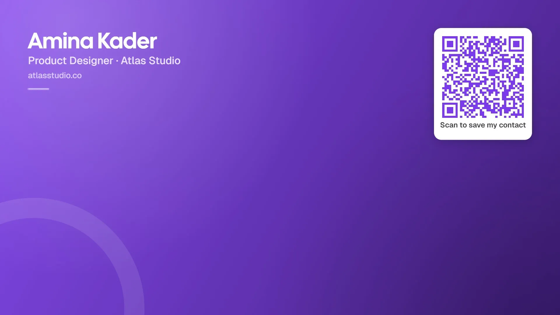 A video call background in Amina Kader's card color: her name, job title and website in the top left, and a QR code with "Scan to save my contact" in the top right